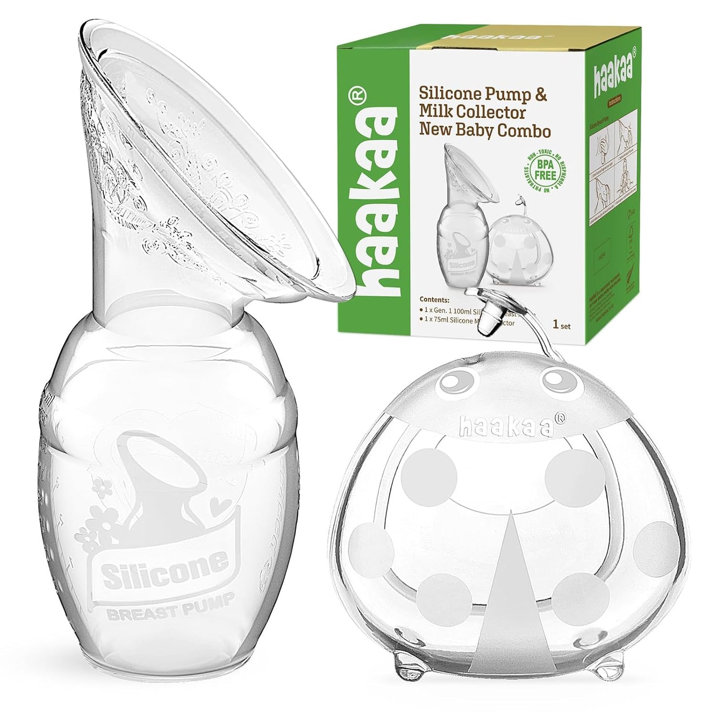 haakaa Manual Breast Pump for Breastfeeding and Ladybug Milk Collector Combo